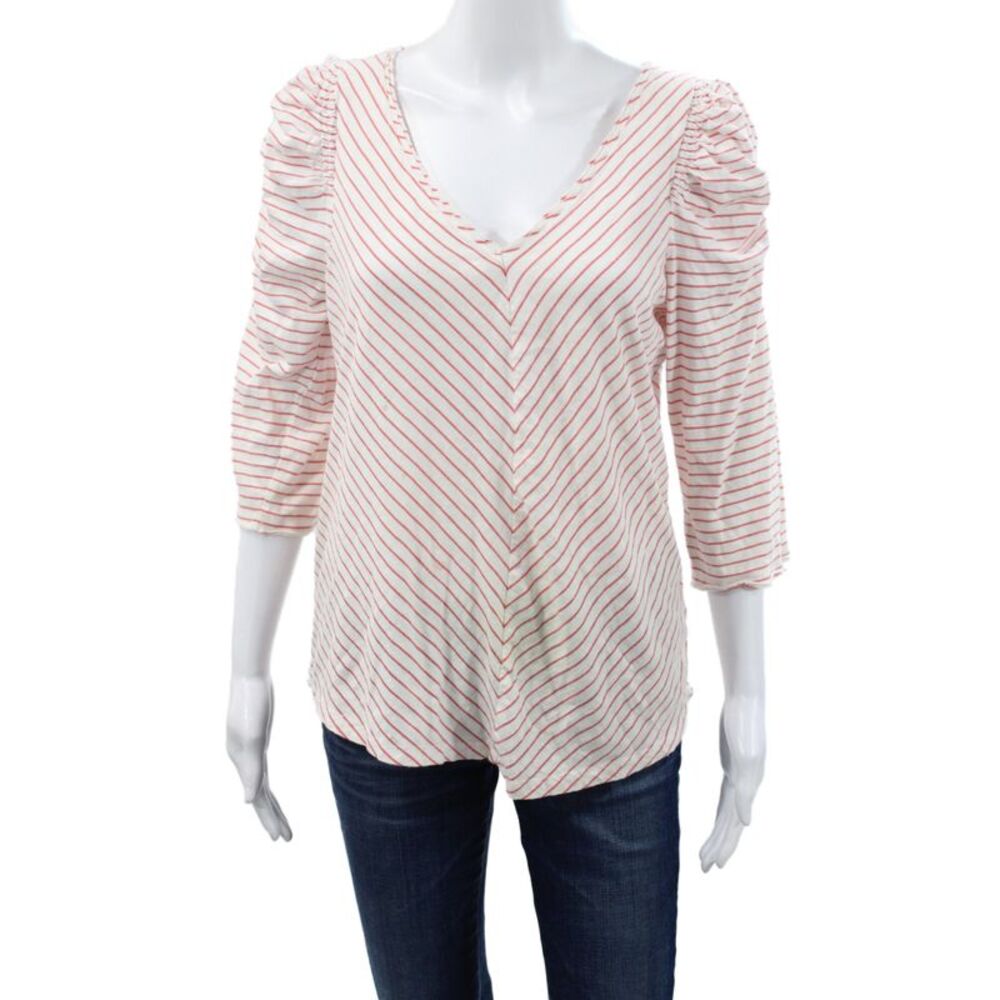 Maeve Anthropologie Womens Red Striped V-Neck Jersey Blouse 3/4 Sleeve Size L